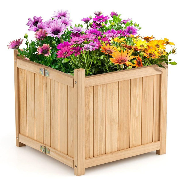 S AFSTAR Outdoor Wooden Planter Box, Folding Raised Garden Bed W/Drainage Hole, Patio Square Plant Container for Flowers, Vegetables, Fruits, Herbs, Collapsible Planting Box for Yard, 15" x 15" x 14"