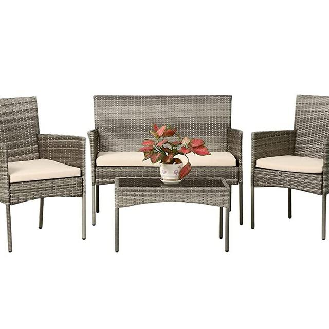 Patio Conversation Set 4 Pieces Patio Furniture Set Wicker with Rattan Chair Loveseats Coffee Table for Outdoor Indoor Garden Backyard Porch Poolside Balcony,Gray Wicker/Khaki Cushions