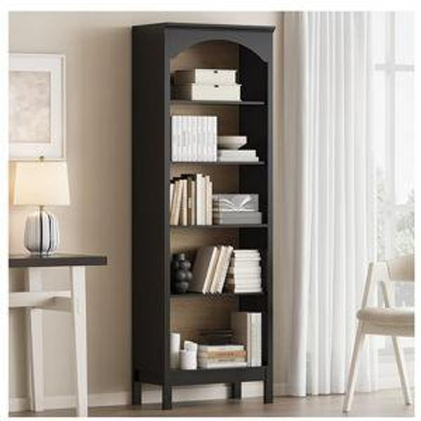 Color: Black; Arched Bookshelf with 5 Tier Open Shelves