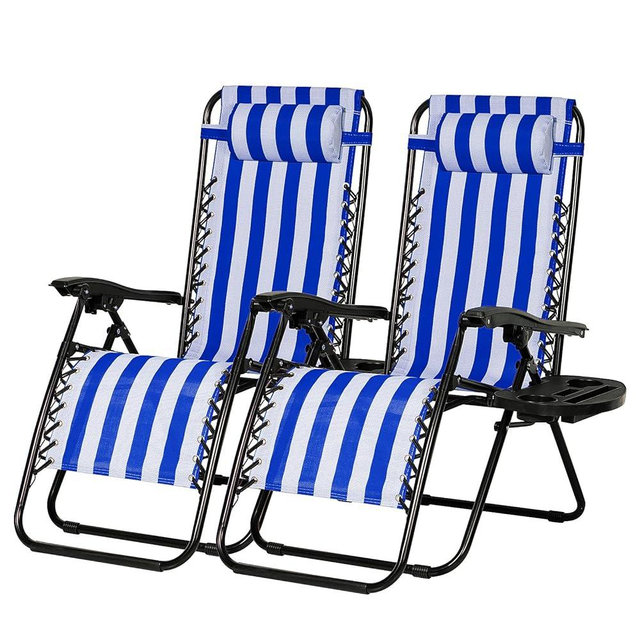 Nazhura Set of 2 Relaxing Recliners Patio Chairs Adjustable Steel Mesh Zero Gravity Lounge Chair Beach Chairs with Pillow and Cup Holder (Navy Blue Stripe)