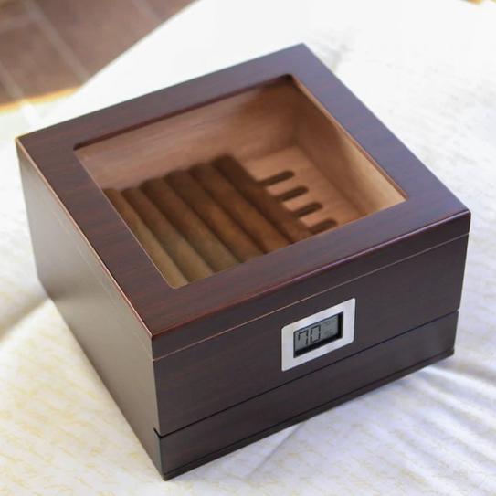Glass Top Handcrafted Cedar Humidor with Front Digital Hygrometer, Humidifier Gel, and Accessory Drawer - Holds (25-50 Cigars) by Case Elegance