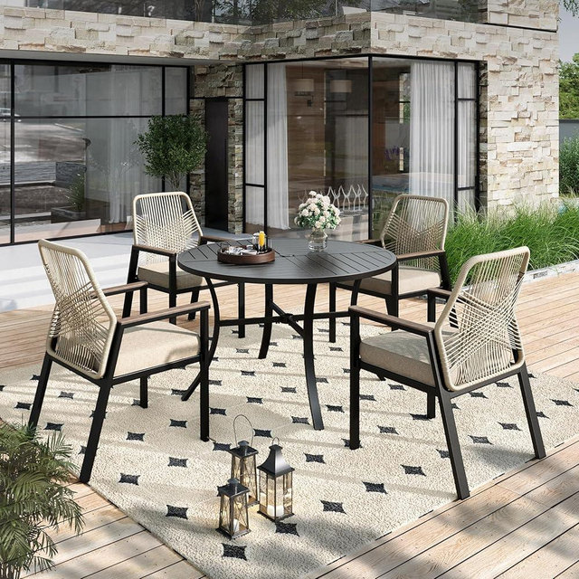 HERA'S HOUSE 5 Pieces Patio Dining Set, 4 x Woven Rattan Dining Chairs with Cushions, 42" Metal Round Dining Table, Patio Table and Chairs Set for Lawn Garden Backyard Deck