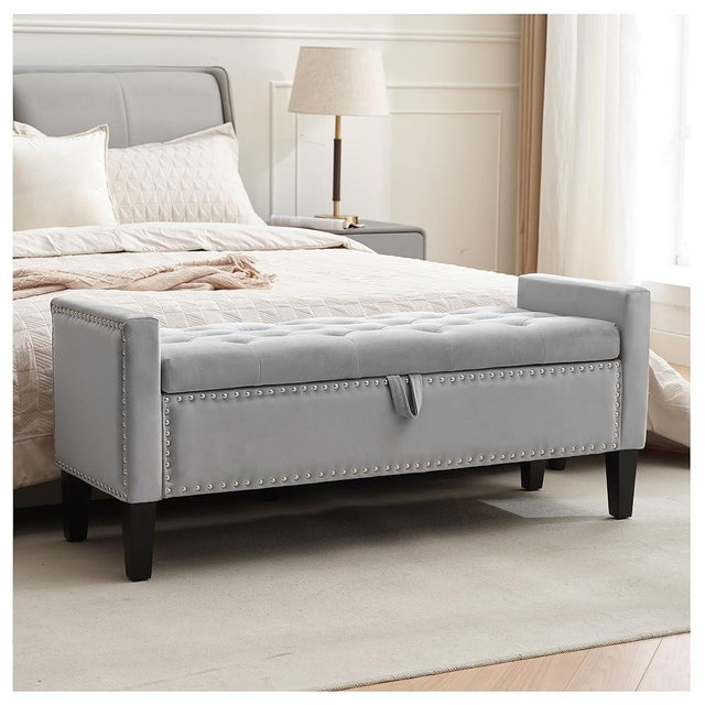 UDAX Storage Ottoman Bench, Velvet Upholstered Footstool for Bedroom and Living Room, Tufted Seat with Storage, Wooden Legs & Metal Rivets, Grey
