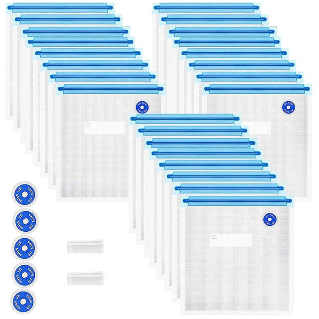 Sous Vide Bags 31 Pcs (24 Pcs Vacuum Zipper Bags & 2 Seal Clips & 5 Air Valves), Reusable BPA Free Vacuum Sealer Bags (8.5 * 8.5in) Vacuum Food Storage Bags for Cooking/Food Storage/Microwave Heating