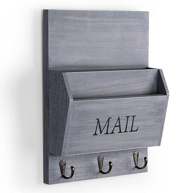 DLQuarts Mail Sorter Organizer Wall Mounted, Decorative Wooden Key and Mail Holder for Wall with 3 Hooks, Gray