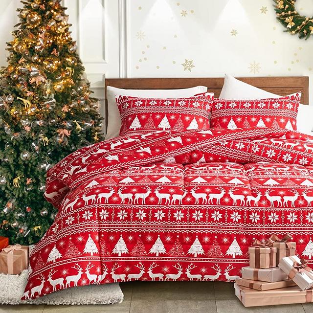 Uozzi Bedding Christmas Red Comforter Set Queen Size with Red White Snowflake and Deers Christmas Trees Holiday Style Reversible Down Alternative 800 TC Duvet for New Year Gift Choice