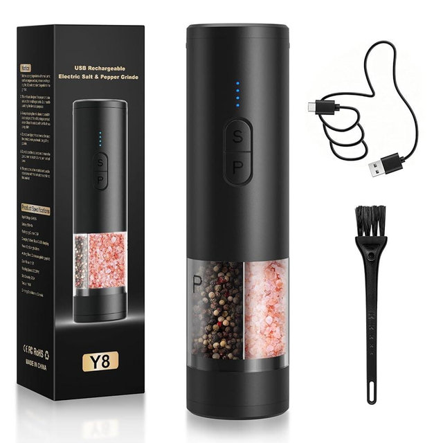 Electric Salt and Pepper Grinder Set Shakers 2 IN 1-Rechargeable Automatic Pepper Mill,with LED Lighting,Adjustable Grinder,Large Capacity-Ideal for Kitchen,BBQ,Ideal Kitchen Gifts (Black)