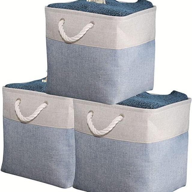 DECOMOMO Foldable Storage Bin [3-Pack] Collapsible Sturdy Cationic Fabric Storage Basket Cube W/Handles for Organizing Shelf Nursery Home Closet (Blue and Silver, Cube - 13 x 13 x 13)
