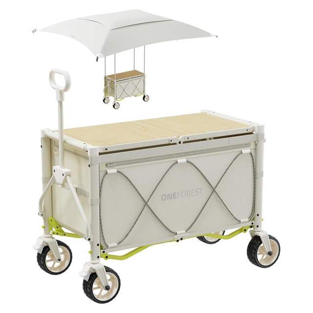 ONEFOREST Collapsible Wagon Cart with Canopy Tent, Portable Large Capacity Foldable Wagon Cart, Heavy Duty Garden Cart with Wheels for Camping Sports Beach Backyard and Picnics, Beige