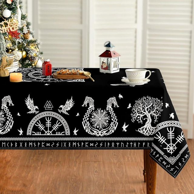 Horaldaily Tarot Altar Tablecloth 60x84 Inch Rectangular, Black Viking Tree of Life Raven Helmet of Awe Washable Seasonal Table Cover for Party Picnic Dinner Decor