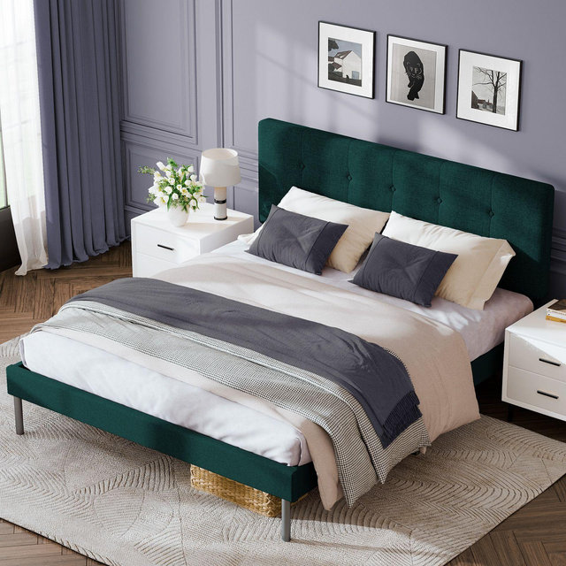 HYLEORY Queen Bed Frame, Upholstered Platform Bed Frame with Headboard for Kids Teens Adults, No Box Spring Needed, Green