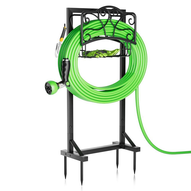 Xeapoms Heavy-Duty Garden Hose Holder with Storage Basket and Tool Hooks, Stable Hose Hanger Metal Garden Hose Storage Holds 160Ft, Rustproof Freestanding Water Hose Holder for Outside,Yard,Lawn,Farm
