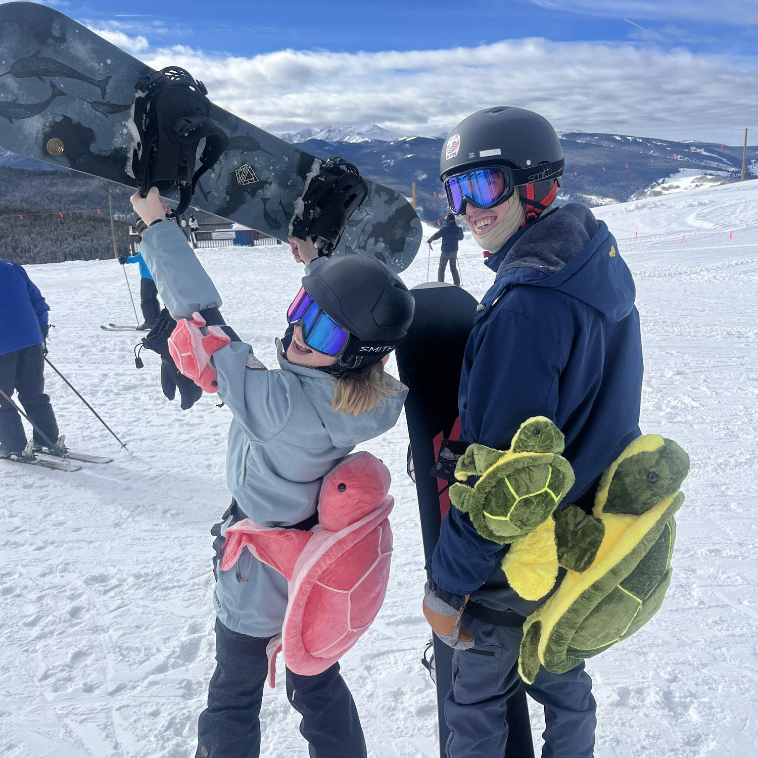 Our snowboarding trip in Vail, Colorado, featuring our trusty butt and elbow turtles to keep us safe (December, 2023).