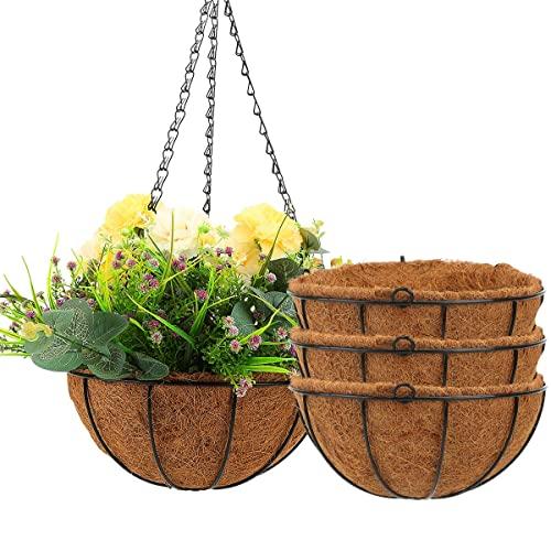 Angchun Hanging Planters for Outdoor Indoor Plants, 4 Pack 10 Inch Metal Flower Pots with Coco Coir Liners Wire Plant Holder with Hanger for Patio Porch Garden Decoration Watering Hanging Baskets