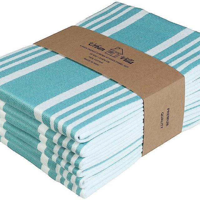 Urban Villa Kitchen Towels (20x30 Inches 6 Pack) Extra Large Premium Dish Towels for Kitchen Aqua & White Dish Cloths Highly Absorbent 100% Cotton Kitchen Hand Towels with Hanging Loop Tea Towels