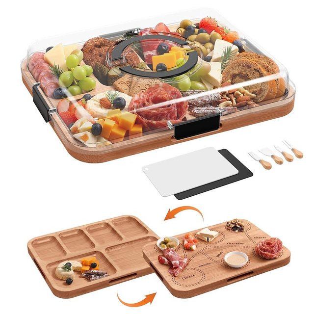 Charcuterie Board with Lid, 2-in-1 Bamboo Cheese & Cutting Board with Engraved Guide, Travel Portable Charcuterie Boxes, Includes 2 Plastic Cutting Mats & 4 Cheese Knives, House Warming Gifts New Home
