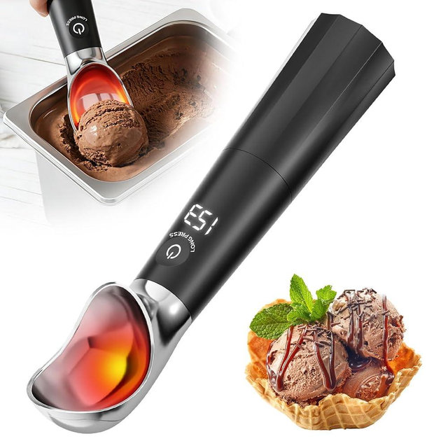 Snuggery Heated Ice Cream Scoop for Hard Ice Cream – Rechargeable Electric Scooper with Graphene Rapid Heating, Removable Battery, IP68 Waterproof, LED Display – Easy Scoop for Seniors & Kids