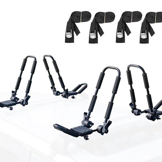 Leader Accessories Folding Kayak Rack 4 PCS/Set J Bar Car Roof Rack for Canoe Surf Board SUP On Roof Top Mount on SUV, Car and Truck Crossbar with 4 pcs Tie Down Straps - Smaller