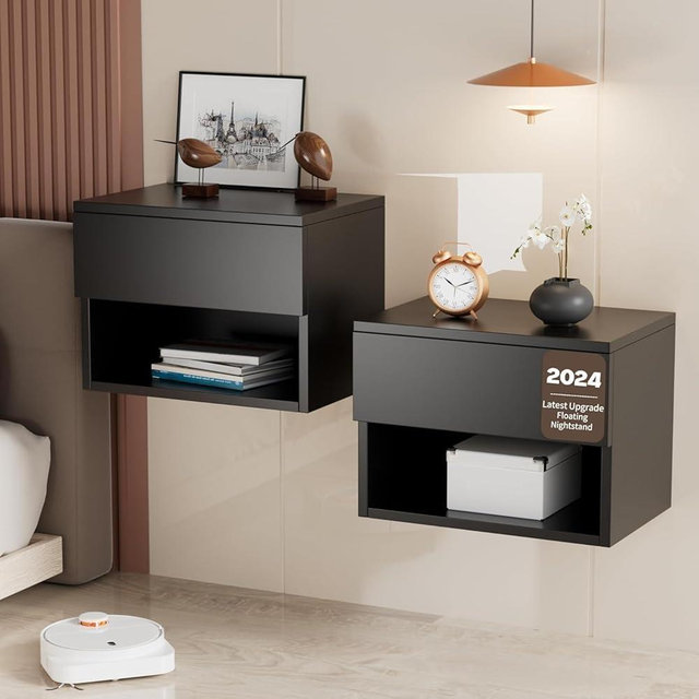Floating Nightstand, Modern Wall Mounted Bedside Table with Drawer, Wood Bedside Shelf & Desk, End Table Wood Modern Night Stand for Bedroom (Black UI1, Set of 2)