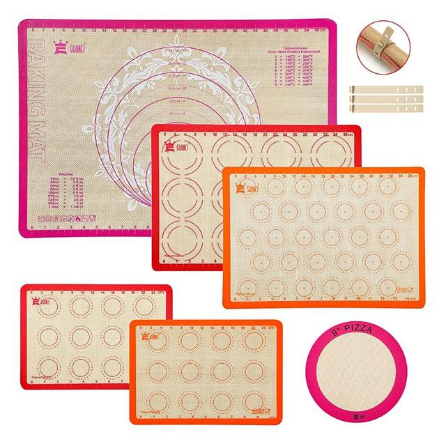 6-Piece Silicone Baking Mat Set,GUANCI 25"×17-1/2" Large Pastry Mat&2PCS Rolling Macaron Baking Mat&2PCS Baking Mat&1PCS 9"Round Pizza Baking Mat for Bake Pans & Macaroon/Pastry/Pizza/Cookie Making