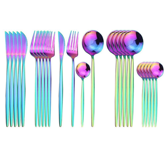 Uniturcky Rainbow Silverware Set, 24-Piece Stainless Steel Flatware Set Service For 6, Mirror Polished Iridescent Tableware Cutlery Set Knife Fork And Spoon For Home & Restaurant, Dishwasher Safe