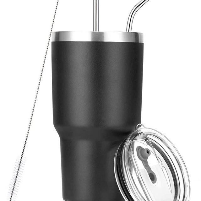 30oz Black Tumbler Stainless Steel Double Wall Vacuum Insulated Mug with Straw and Lid, Cleaning Brush for Cold and Hot Beverages