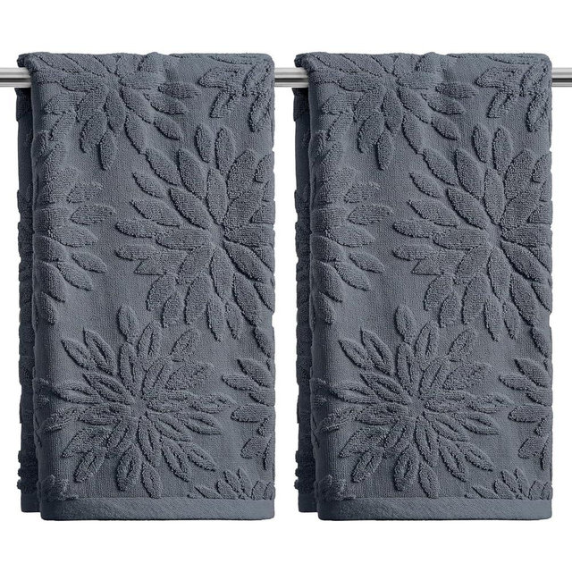 Artoid Mode 2 Pcs Grey 3D Dahlia Floral Jacquard Spring Hand Towels for Bathroom, 100% Cotton Soft Absorbent Bathroom Decor Towels, 13.7 x 29.5 Inch
