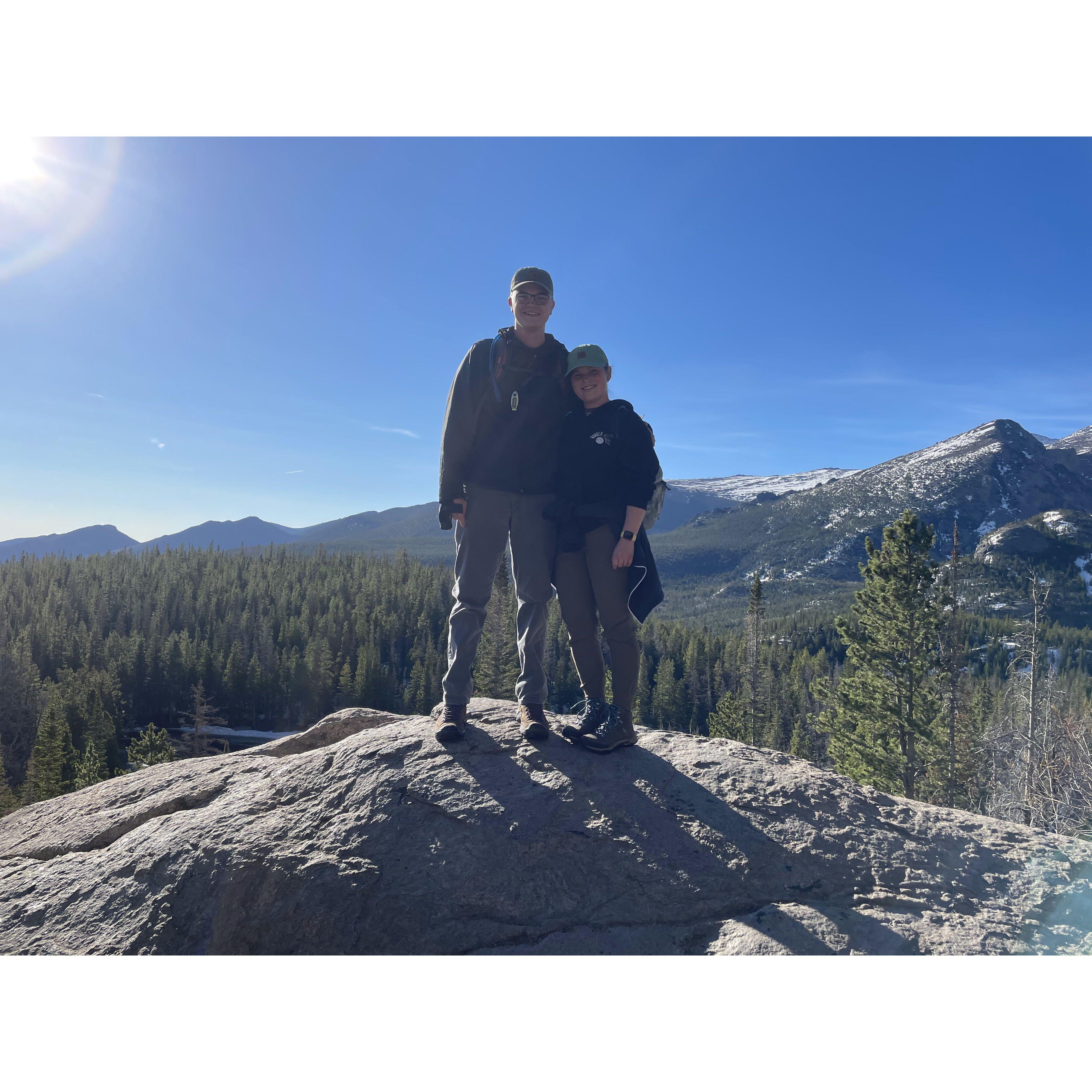 2021: Emily and Nate on a hike during the first solo trip to Rocky Mountain National Park