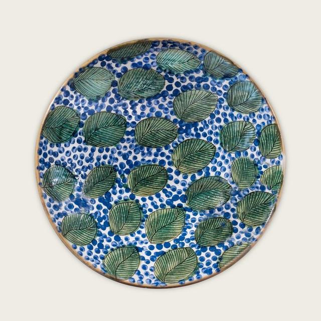 Green Leaves Blue Serving Bowl