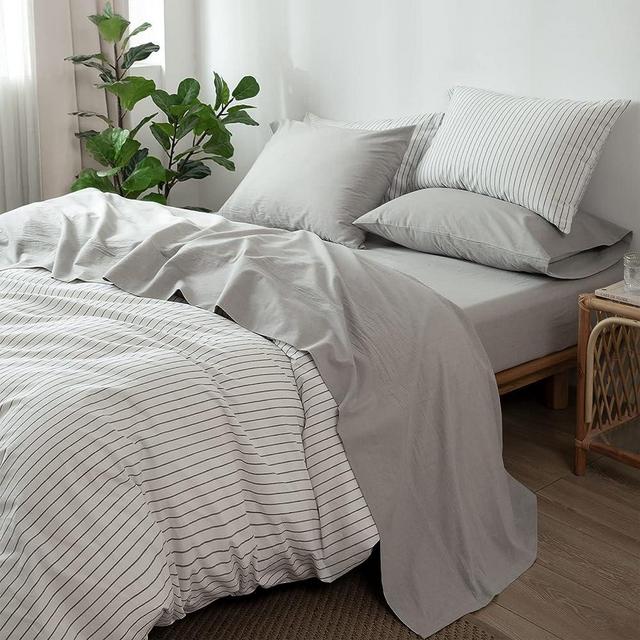 MooMee Bedding Sheet Set 100% Washed Cotton Linen Like Textured Breathable Durable Soft Comfy (Pastel Grey, Queen)