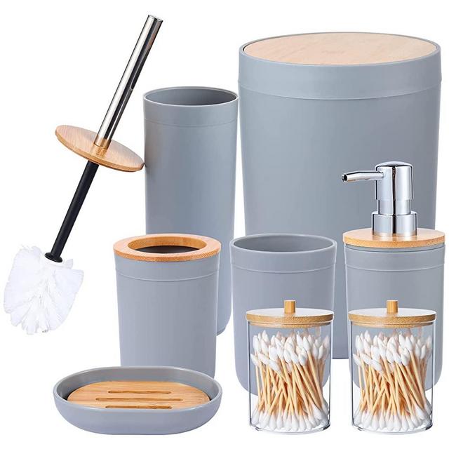 iMucci 8Pcs Grey Bathroom Accessories Set - with Trash Can Toothbrush Holder Soap Dispenser Soap and Lotion Set Tumbler Cup (Grey Bamboo Cover)