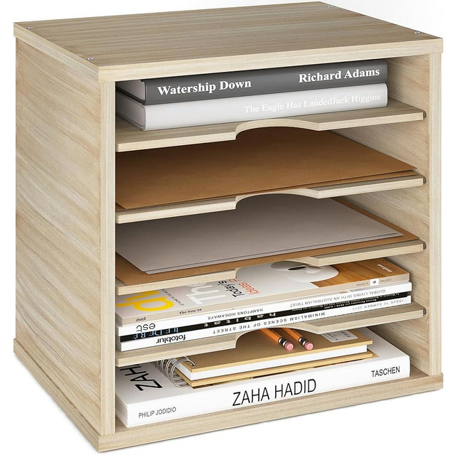 Ballucci Wood File Organizer Paper Sorter, 5 Tier Adjustable Shelves Office Desk Organizer 13 5/8" x 9 1/4" x 12", Brushed Wood