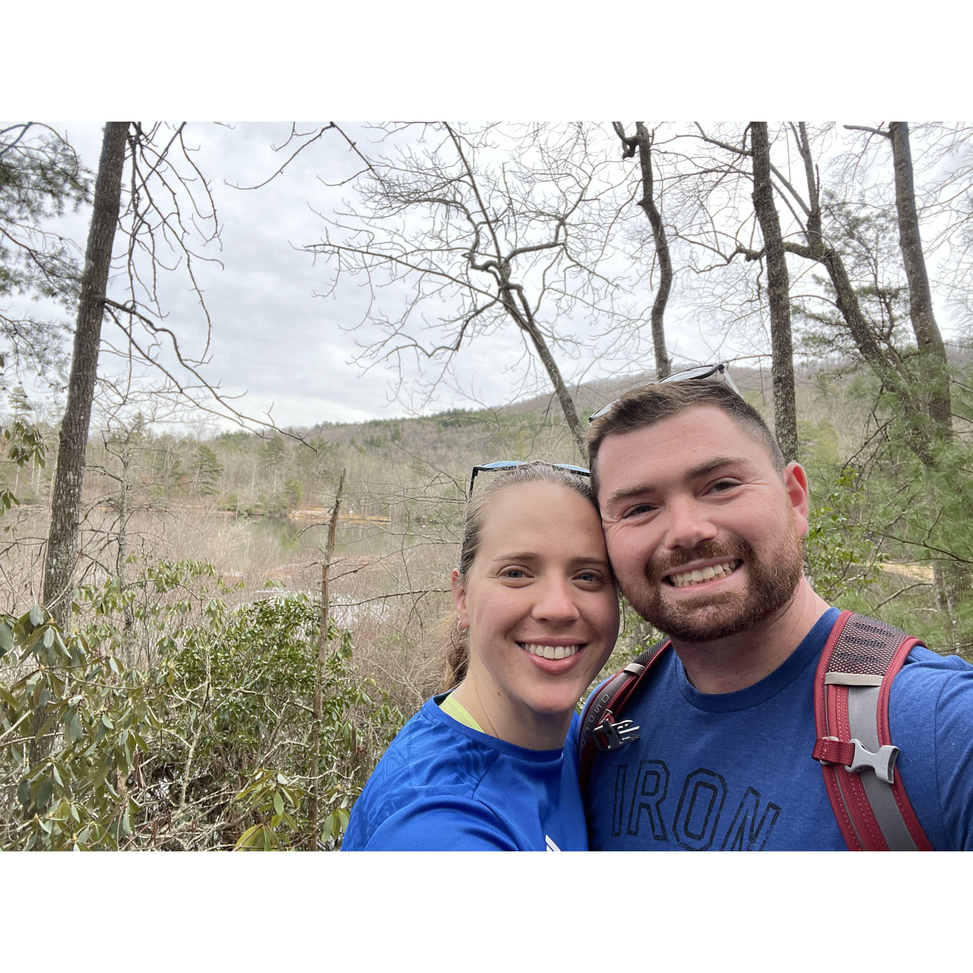 Hiking on our first trip together in Asheville, NC.