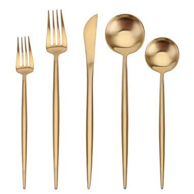 Matte Silverware Set, SHARECOOK 20-Piece Stainless Steel Satin Finish Flatware Set Service for 4, Kitchen Utensil Set, Tableware Cutlery Set for Home and Restaurant (Matte Gold 20P, 20-Piece)