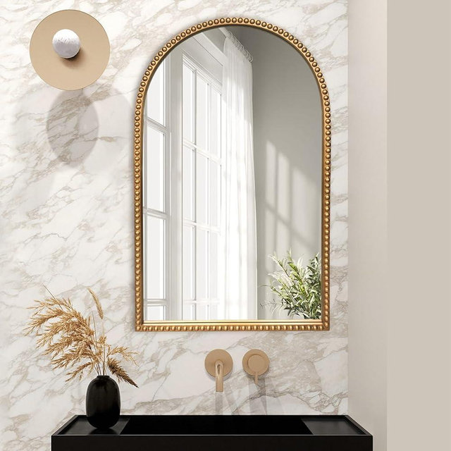 BAODANFU Wall Mirror for WashRoom, 24" x 40" Tall Narrow Arch Antique Gold Metal Beaded Frame Decorative Accent Vanity Mirrors,Modern Distressed Wall Decor for Bathroom, Living Room, Entryway
