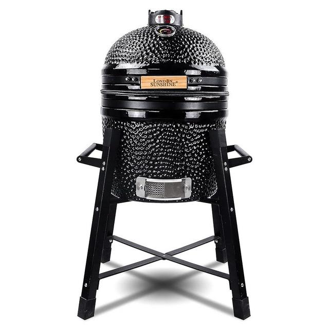 London Sunshine Ceramic Kamado Charcoal BBQ Grill and Smoker, Stainless Steel Grates -15" Ceramic with Tall Stand (BLACK)