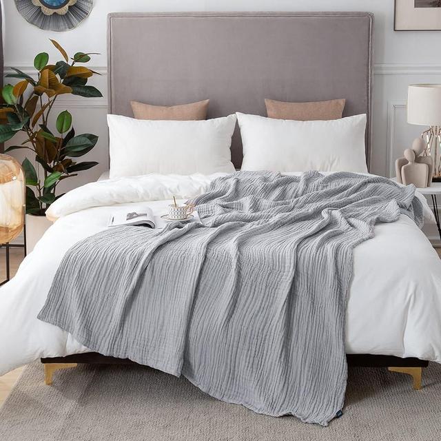 EMME Cotton Blanket Queen Size for Bed Soft Large 6 Layer Muslin Bed Blankets 80"x90" Lightweight Breathable Blanket All Season Gauze Blanket, Light Grey