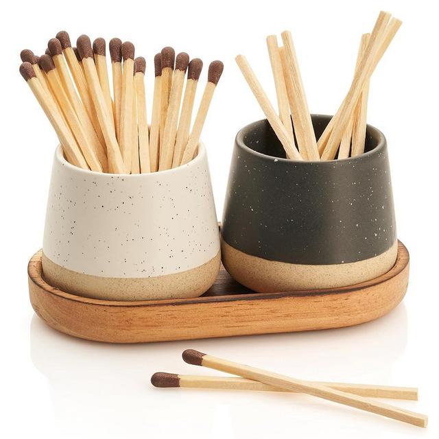KIBAGA Decorative Ceramic Match Holder With Wooden Tray - Set of 2 Beautiful Matte Holders with Striker Are an Upgrade To Any Home Decor - Enhance Your Living Room With Cute Jars - Matches Not Incl.