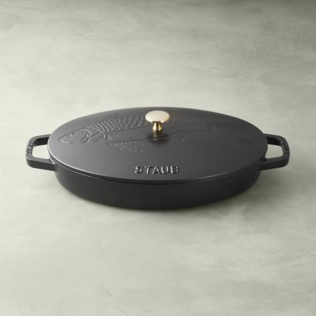 Staub Enameled Cast Iron Oval Gratin with Sea Bass Embossed Lid, 2 1/4-Qt., Matte Black