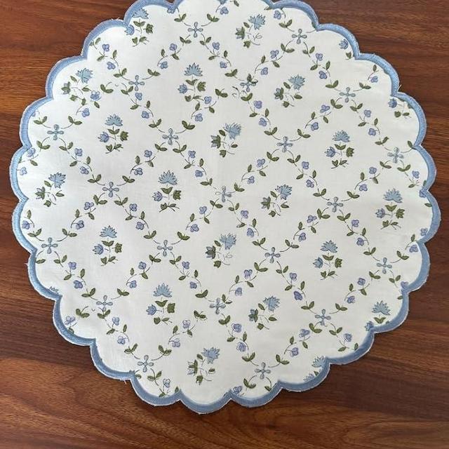 Ridhi Powder Blue Bo-ho Round Place Mat Double Layer Floral Cotton Washable Placemats 15" Round Embroidery Block Print Table Mat Pack of 4-15 Inch Round