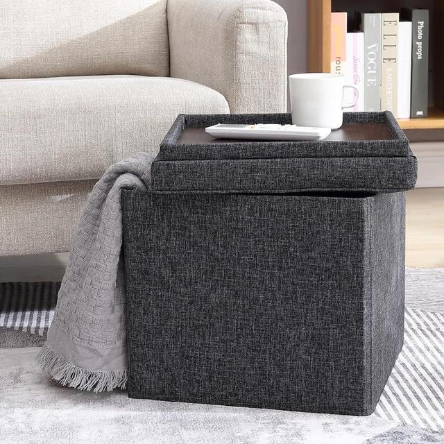 Ornavo Home Foldable Tufted Linen Storage Ottoman Square Cube Storage Ottoman Foot Rest Stool/Seat with Table Top Lid, Coffee Table Ottoman - 15" x 15" x 15" (Black)