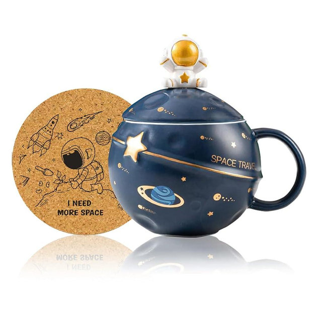 Yalucky Kawaii Astronaut Cup Space Embossed Planet Mug, Cute Ceramic Coffee Mug, Novelty Mug with Lid and Spoon for Coffee, Tea, Milk, Aesthetic Room Decor Funny Gift for Girl Boy Women (Dark blue)