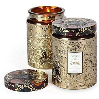 Voluspa Crane Flower Large Metallic Glass Jar Candle 16 oz