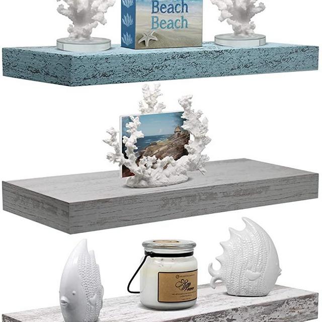 Sorbus Floating Shelf Set - Rustic Wood Coastal Beach Style Hanging Rectangle Wall Shelves for Home Décor, Trophy Display, Photo Frames, etc.(White/Grey, 3 Pack)