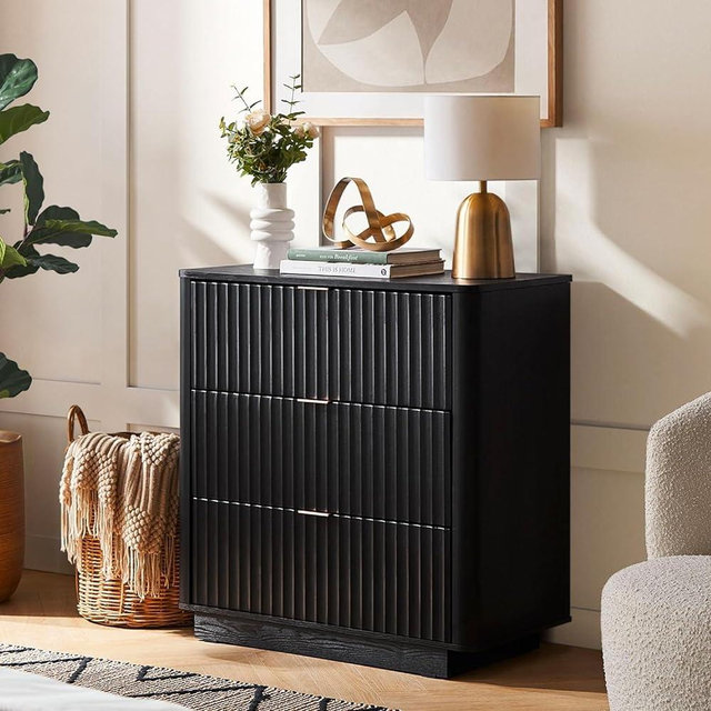 mopio Brooklyn 3 Drawer Black Dresser, Mid Century Modern Chest of Drawers, Wood Credenza, Tall Nightstand, TV Stand for Bedroom, Waveform Fluted Panel Design, Curved Profile, Anti-Tipping