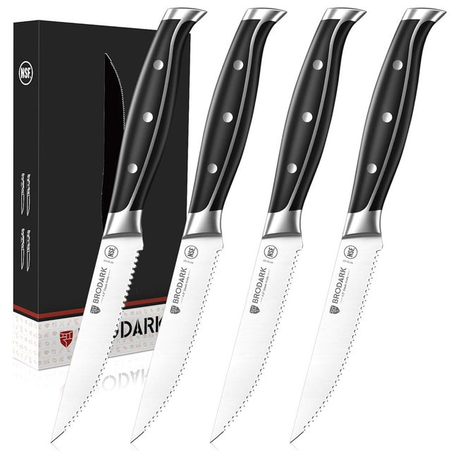 BRODARK Steak Knives, Serrated Steak Knives Set of 4 with Full Tang Handle, Dishwasher Safe Stainless Steel Steak Knife Set, NSF Certified, Steel-King Series