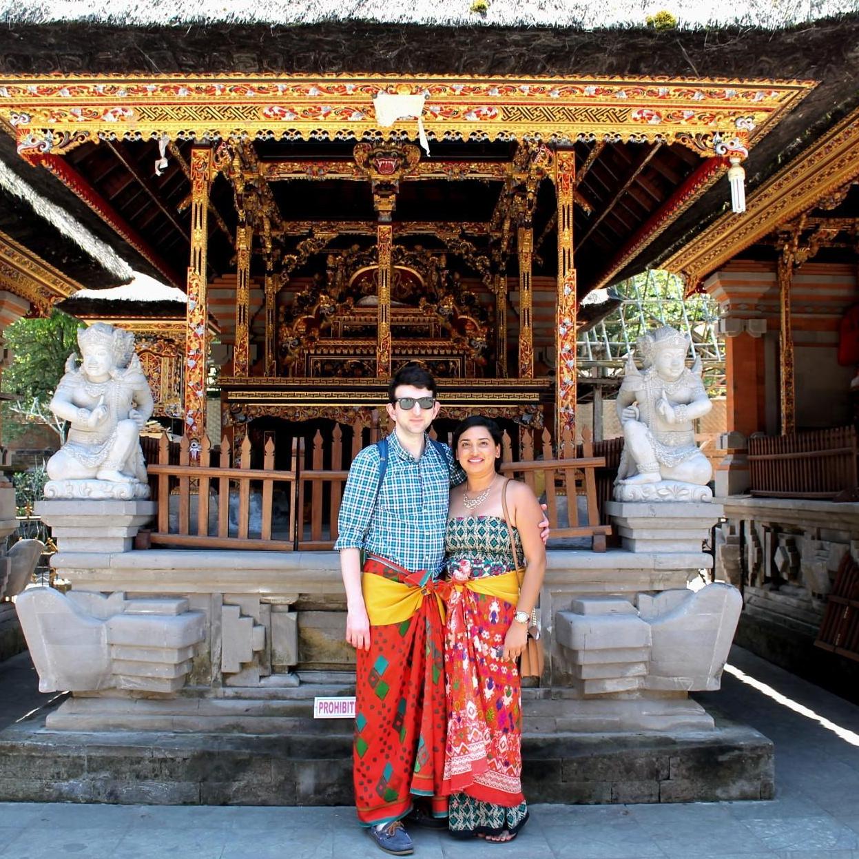 Sporting our sarongs at Tirta Gangga in Bali, Indonesia, September 2019.