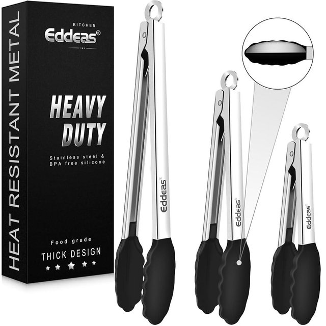 Kitchen Tongs with Silicone Tips, Heat Resistant 600 Degrees All Metal handle Locking Tongs For Cooking with Rubber Tips, Heavy Duty Stainless steel Food Tongs, Set of 3-7" 9" & 12" Black