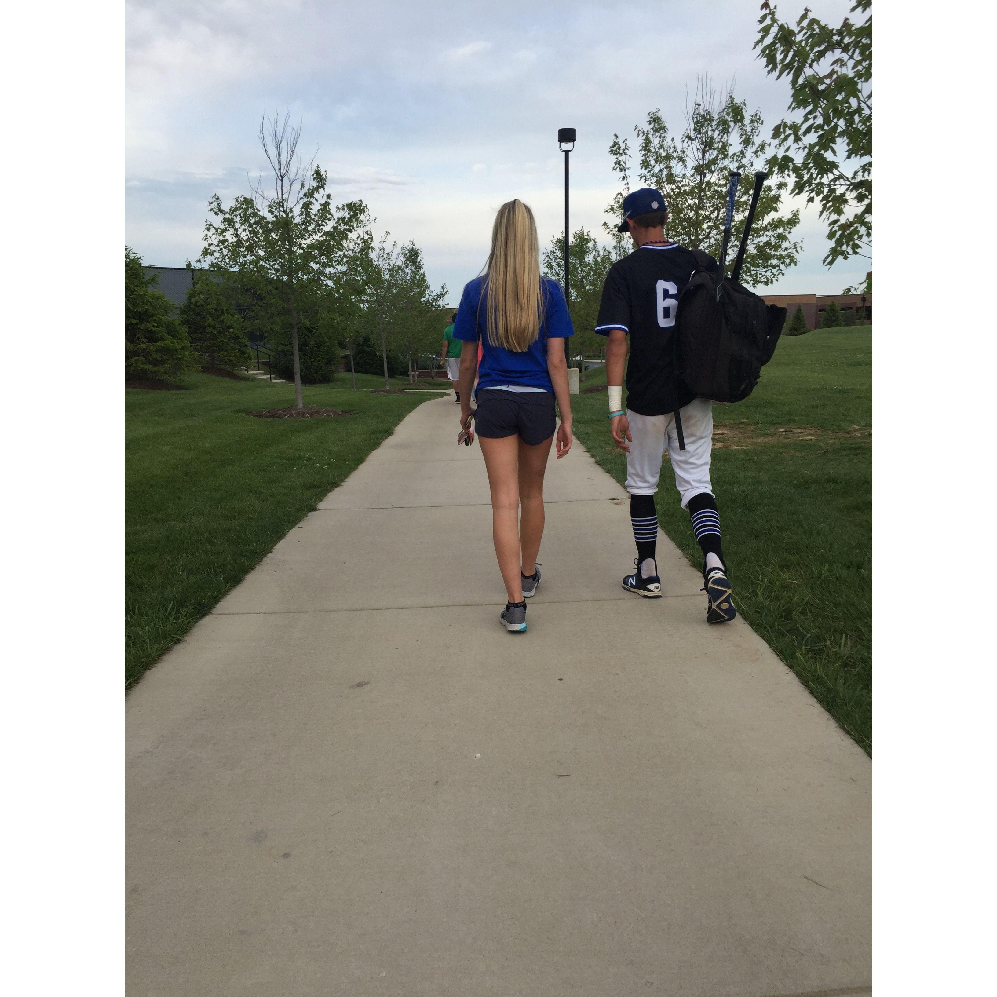 5/13/16: Walking to the parking lot after watching Benjer play for for the Westminster Wildcats. He was a senior about to leave for college. I was a sophomore.