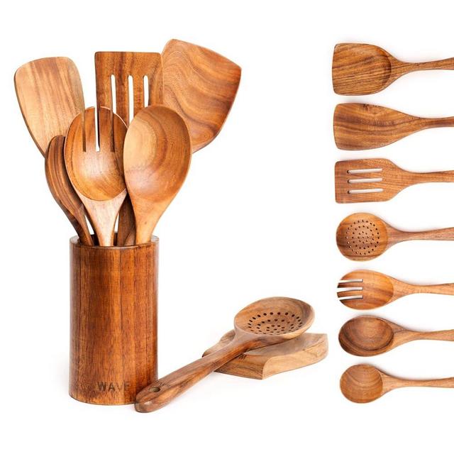 Teak Wood Cooking spatula, Non-Toxic and Non-Sticky, Cooking Utensils-big Wooden Cooking Spoon, Kitchen Utensils with holder, Natural Teak wood Utensils With Spoon rest.